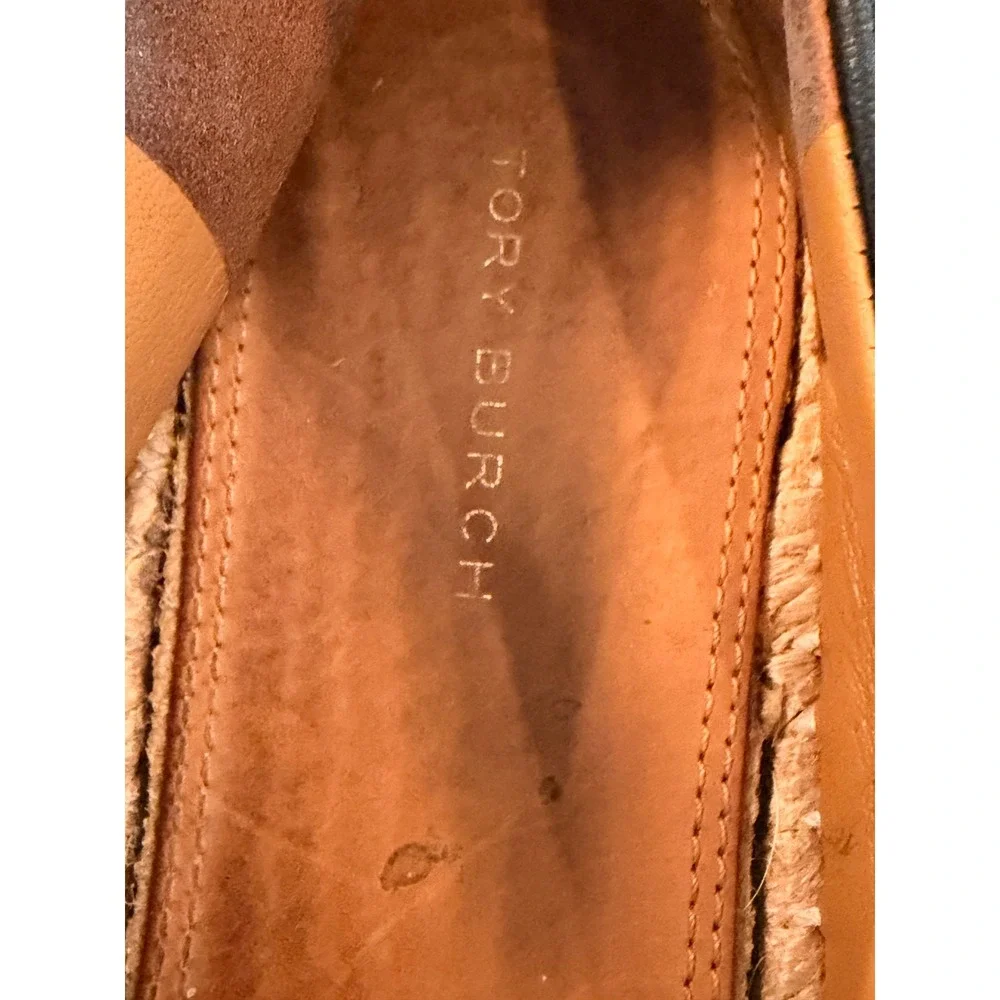 Tory Burch Elanor Black Leather Espadrille Flats Gold Logo Size 9.5